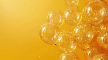 ai generado marco de oro y transparente inflable globos con Brillantina en un minimalista amarillo antecedentes foto