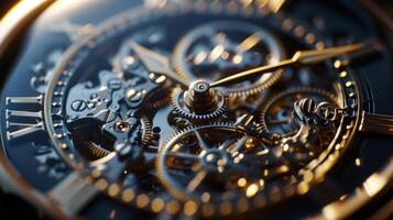 AI generated A macro shot of the gears inside a watch, showcasing the complexity behind time's simple facade. photo