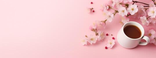 AI generated a cute mug with blossoming flowers on pink background photo