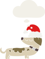 cartoon dog wearing christmas hat with thought bubble in retro style png