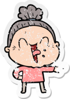 distressed sticker of a cartoon happy old woman png