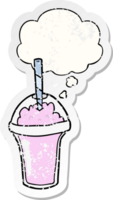cartoon smoothie with thought bubble as a distressed worn sticker png