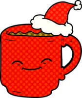 comic book style illustration of a coffee mug wearing santa hat png