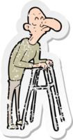 retro distressed sticker of a cartoon old man with walking frame png