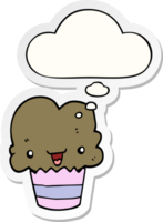 cartoon cupcake met gezicht en gedachte bel als een gedrukte sticker png