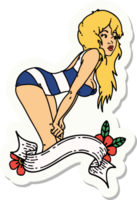 tattoo style sticker of a pinup girl in swimming costume with banner png