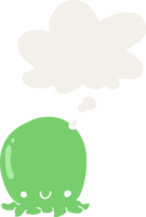 poulpe de dessin animé mignon et bulle de pensée dans un style rétro png