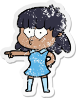 distressed sticker of a cartoon whistling girl pointing png