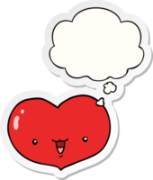 personaje de corazón de amor de dibujos animados y burbuja de pensamiento como pegatina impresa png