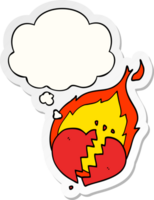 cartoon flaming heart and thought bubble as a printed sticker png