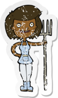 retro distressed sticker of a cartoon happy farmer girl png