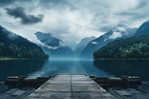 ai generado de madera embarcadero terminado el montaña lago con bosque en lluvioso nublado melancólico día foto