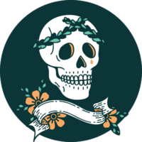 icon with banner of a skull with laurel wreath crown png