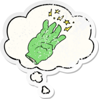 cartoon spooky magic hand and thought bubble as a distressed worn sticker png