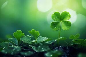 AI generated Macro closeup of a four leaf lucky clover on a blurred green bokeh st patrick background photo