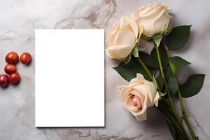 ai generado Bosquejo blanco blanco papel sábana con blanco rosas flores en mármol antecedentes parte superior vista, modelo vacío tarjeta plano laico para diseño con Copiar espacio foto