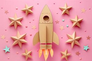 AI generated closeup flying rocket made of cardboard and paper stars on a pink background top view photo