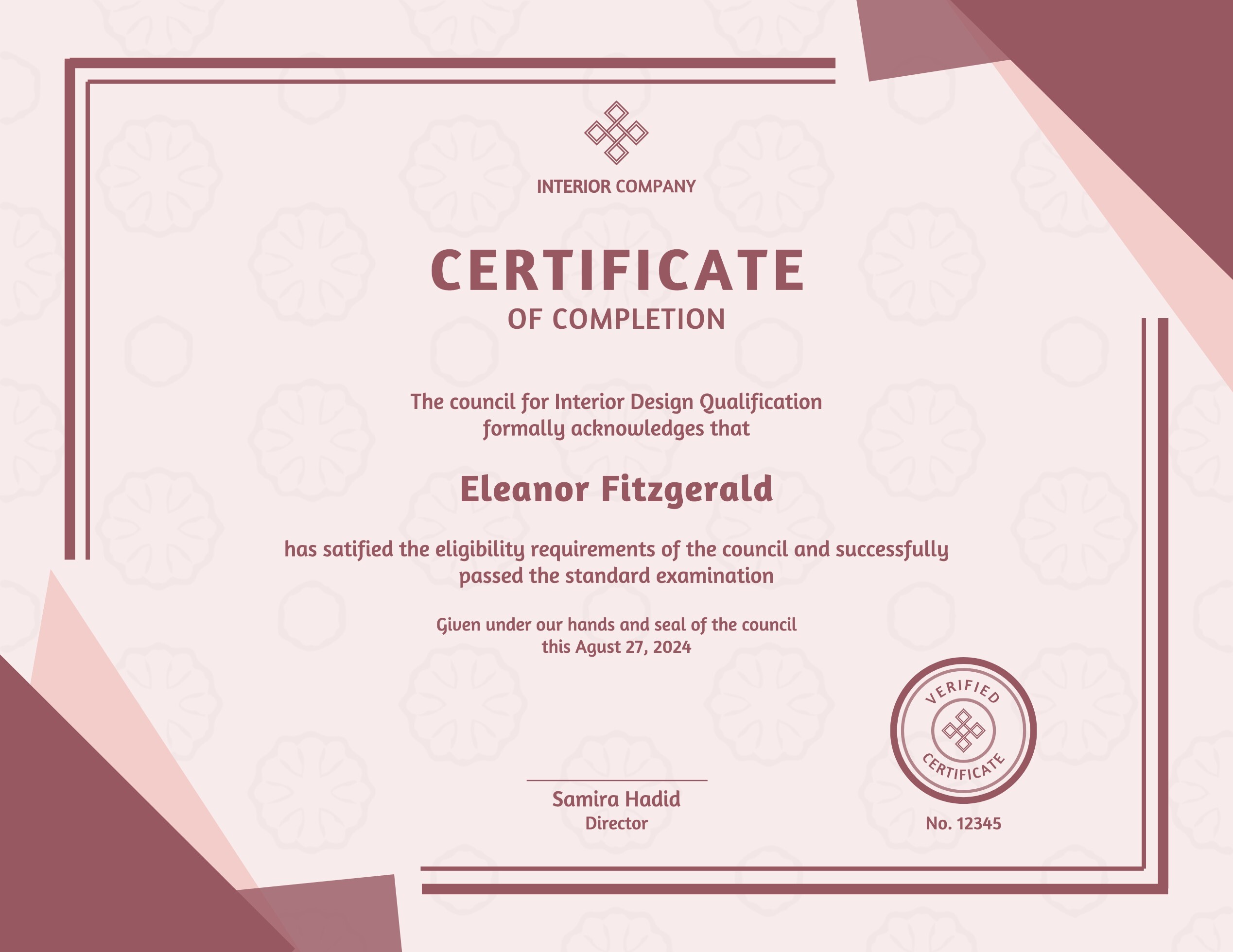 Pink Minimalist Geometric Interior Design Certificate