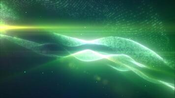 Green energy glowing magic waves high-tech digital iridescent liquid plasma with light rays lines and energy particles. Abstract background. Video in high quality 4k, motion design