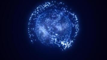 blå energi magi cirkel, sfär, boll tillverkad av trogen vågor och rader av partiklar av atom- energi och elektricitet tvinga fält. abstrakt bakgrund. video i hög kvalitet 4k, rörelse design