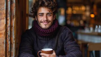 ai generado un joven hermoso Español hombre en un de punto oscuro púrpura suéter soportes y mira sonriente a el cámara foto