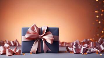 AI generated An elegant abstract pattern adorning a wrapped gift box, complemented by a satin ribbon, exuding simplicity and finesse. photo