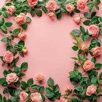 AI generated A banner featuring a frame crafted from rose flowers and green leaves against a pink backdrop. photo