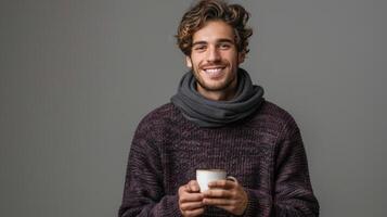 ai generado un joven hermoso Español hombre en un de punto oscuro púrpura suéter soportes y mira sonriente a el cámara foto