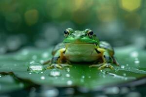 ai generado un pequeño brillante verde rana se sienta en un agua lirio hoja en un bosque estanque foto