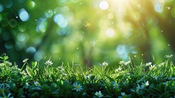 AI generated Beautiful minimalistic natural spring background. Below there is grass and flowers. Sun rays and bokeh from above photo