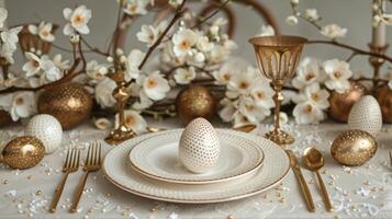 ai generado festivo Pascua de Resurrección conjunto mesa con blanco cerámico platos, cerámico dorado huevos, dorado tenedores y cuchillos, flores foto