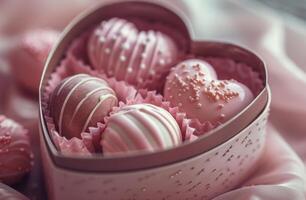 ai generado San Valentín día dulces en el rosado corazón caja foto