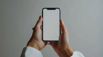 ai generado de cerca mano participación un teléfono con un blanco blanco pantalla convertido hacia el cámara. blanco antecedentes foto