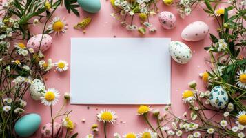 AI generated White paper on pink background with chamomile flowers, Easter eggs scattered. photo