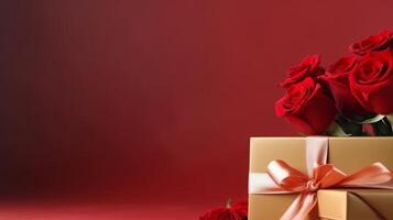 AI generated Gorgeous minimalistic red backdrop adorned with red roses and a small golden gift box, featuring an off-center composition and plenty of space for text. photo