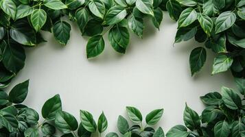 AI generated Abstract background of green leaves on a minimalistic white background with plenty of space for text photo