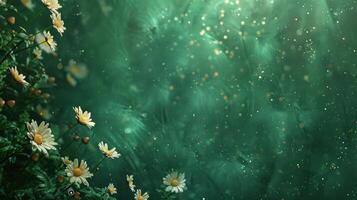 AI generated Abstract minimalistic green background on which small daisy flowers are scattered photo