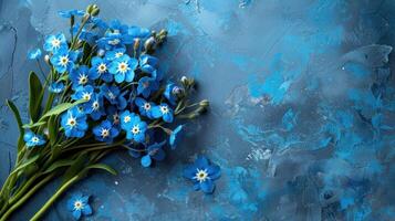 AI generated A bouquet of forget-me-not flowers lies on the left on a blue minimalistic background photo