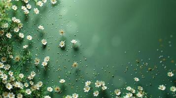 AI generated Abstract minimalistic green background on which small daisy flowers are scattered photo