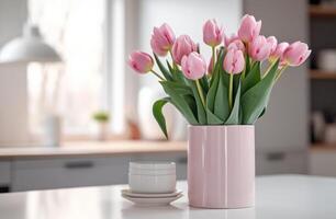 ai generado bonito rosado tulipanes en un florero en medio de un cocina foto