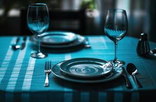 ai generado un azul cena mesa con dos platos y agua lentes en eso foto