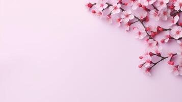 AI generated Beautiful cherry blossom branch frame on a minimalistic light pink background with large copyspace area photo
