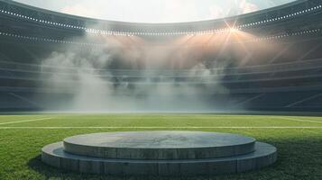 AI generated In the middle of a stadium sits a podium, encircled by empty seats and flashes of light photo