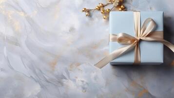 AI generated A tranquil abstract pattern, designed with simplicity and finesse, elevating the beauty of a gift box adorned with a satin ribbon. photo