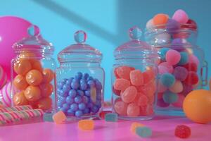 AI generated jars of colored candy next to a table photo