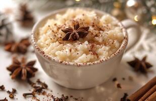 AI generated cinnamon brown rice pudding a typical meal on christmas day photo