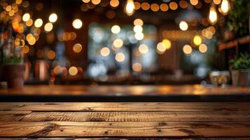 AI generated Wooden table set against a backdrop of abstract blurred restaurant lights photo