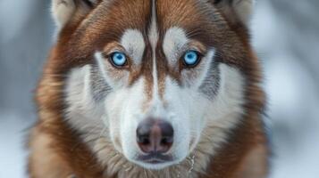 ai generado un majestuoso siberiano fornido mira directamente dentro el cámara, sus sorprendentes azul ojos radiante inteligencia y fuerza foto