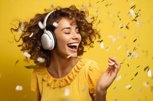 AI generated a young woman is wearing headphones and dancing in front of a yellow background photo