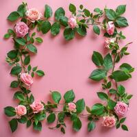 AI generated A banner featuring a frame crafted from rose flowers and green leaves against a pink backdrop. photo